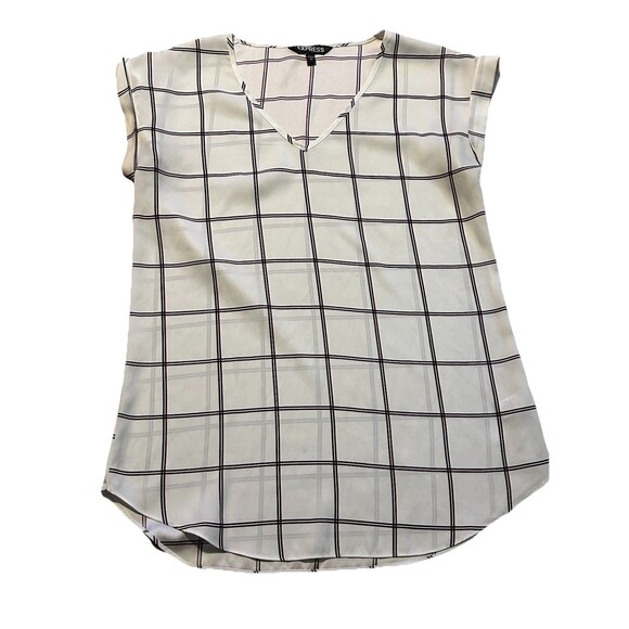 Express Women’s Blouse Size S White Black Windowpane Plaid V-Neck - Picture 1 of 3